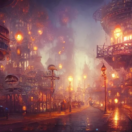 Image similar to a magical city of mushrooms ,cute ,clean and clear,in steampunk city by Greg rutkowski,sung Choi, 8k photo realistic, cinematic lighting, hd ,high details, atmospheric, trending on artstation, glowing effect, devinart, golden ratio, rule of thirds