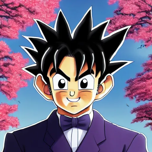 Image similar to highly detailed photo of goku wearing black tuxedo standing in front of sakura trees, anime concept art, symmetrical face, smiling, clear nose, highly detailed, 8 k