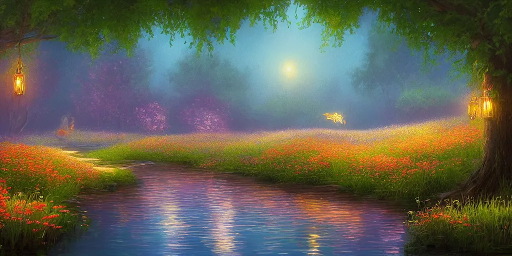 Image similar to fireflies around water inspired by Evgeny Lushpin,flower meadow,spring,cinematic,trending on ArtStation