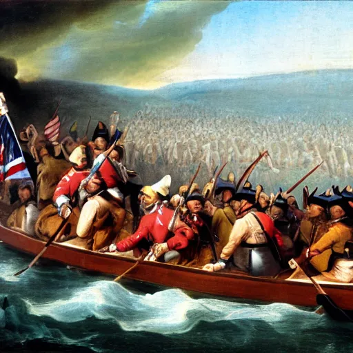 Image similar to washington crossing the delaware on a lava river in hell