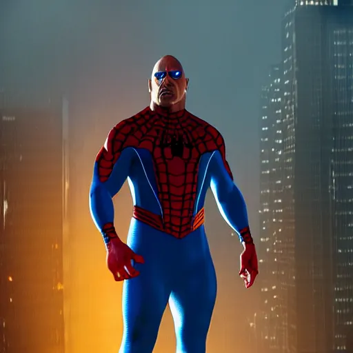 Image similar to dwayne johnson as a black and blue suit spider - man, cinematic, volumetric lighting, f 8 aperture, cinematic eastman 5 3 8 4 film, photorealistic