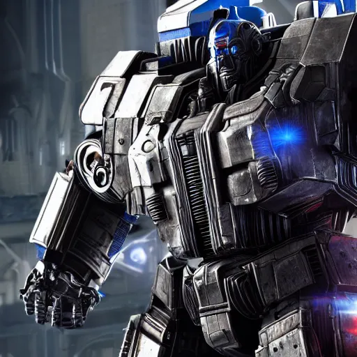 Image similar to optimus prime in gears of war, splash art, movie still, cinematic lighting, ray tracing, octane render, long lens, shallow depth of field, bokeh, anamorphic lens flare, 8 k, hyper detailed, 3 5 mm film grain