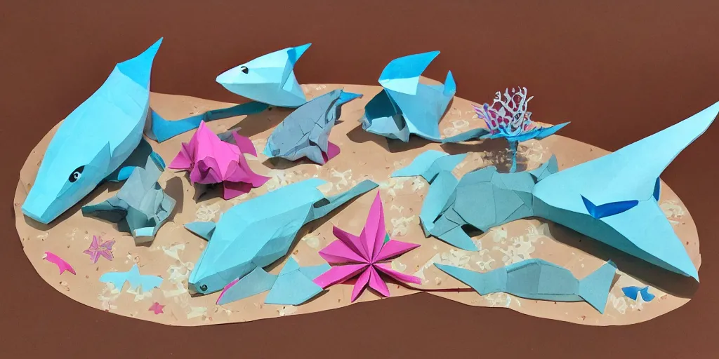 Image similar to paper craft diorama of an underwater party with origami sharks and a mermaid