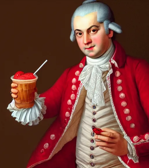 Image similar to Amadeus Mozart drinking a strawberry milkshake, the straw is in his mouth, digital art