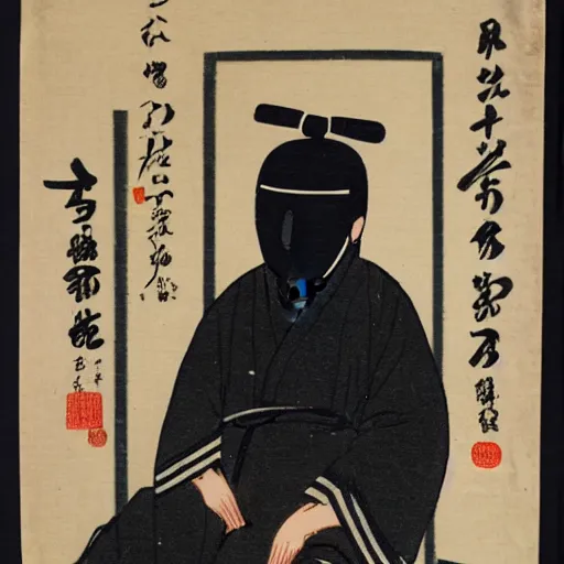 Image similar to young man wearing black medical mask, style of katsushika oi