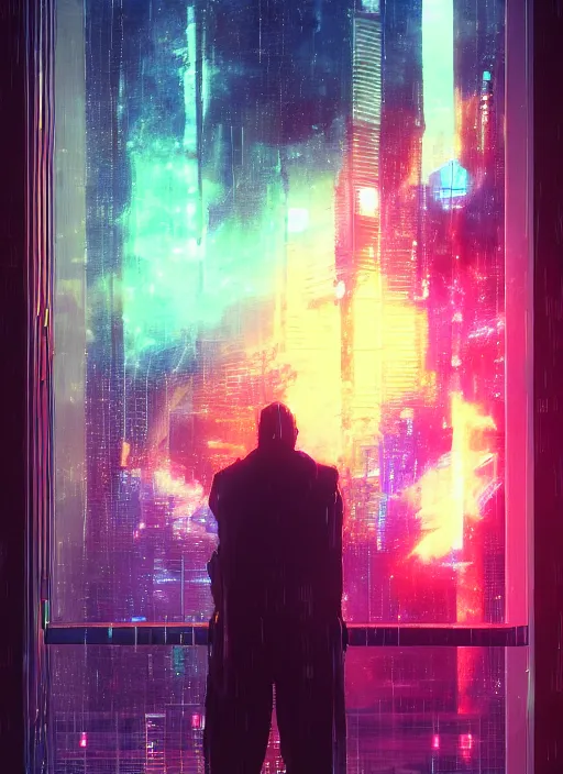 Prompt: one cyber godly person made of cosmic nebula galaxy energy watching a rainy colorful complex cyberpunk futuristic city from behind at night through a window in a room, reflections, high contrast, 8 k, photorealistic, concept art, wet, highly detailed, cinematic mood by ridley scott, ghost in the shell, trending on artstation, glowing lights, sharp focus, epic