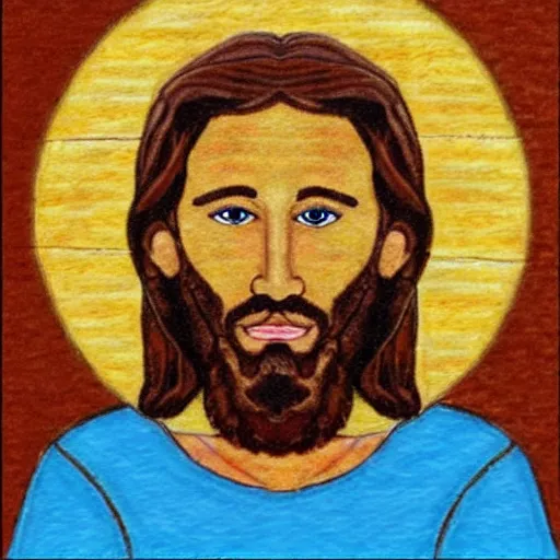 Image similar to photo realistic portrait of jesus eating toast, made with crayons