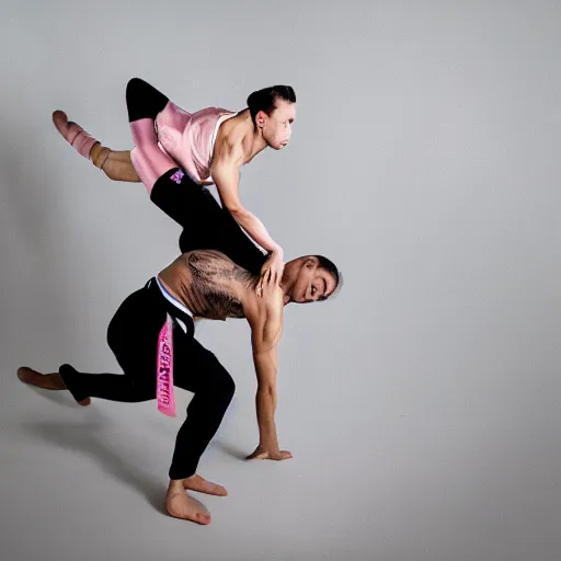 Prompt: jiu jitsu athlete and a ballet dancer doing an extreme contortion choreography, dance photography, pastel colors palette, sport photography, high detail, panoramic view, foreshortening, natural light