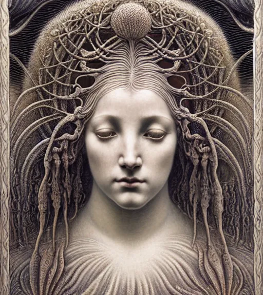 Prompt: detailed realistic beautiful tide goddess face portrait by jean delville, gustave dore, iris van herpen and marco mazzoni, art forms of nature by ernst haeckel, art nouveau, symbolist, visionary, gothic, neo - gothic, pre - raphaelite, fractal lace, intricate alien botanicals, ai biodiversity, surreality, hyperdetailed ultrasharp octane render