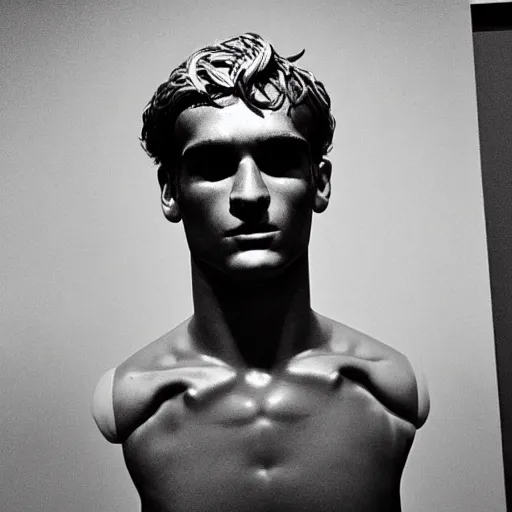 Image similar to “ a realistic detailed photo of a guy who is an attractive humanoid who is half robot and half humanoid, who is a male android, soccer player antoine griezmann, shiny skin, posing like a statue, blank stare, at the museum, on display ”