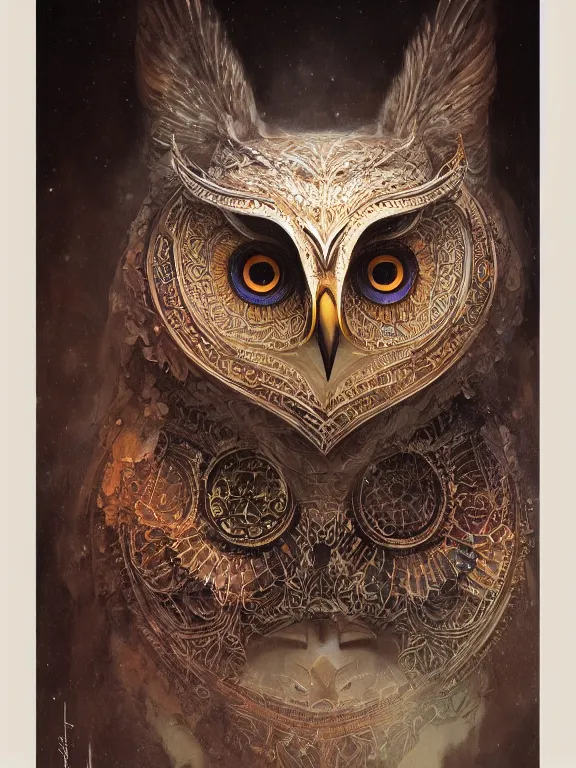 Image similar to a ultradetailed beautiful concept art of a an intricate wooden mask of an owl painted with beautiful colors, but the mask seems to hide some dark secret, concept art, high resolution 4 k, by tom bagshaw, greg rutkowski, charli bowater and artgeem