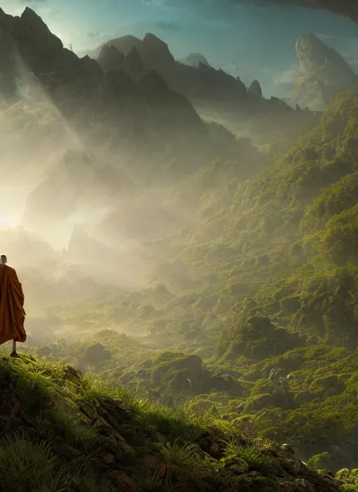 Prompt: a cosmic monk in lord of the rings scenery landscape, looking out at a vast lush valley at sunrise, alien temple on another planet, god's rays, highly detailed, vivid color, cinematic lighting, perfect composition, 8 k, gustave dore, derek zabrocki, greg rutkowski, belsinski, octane render