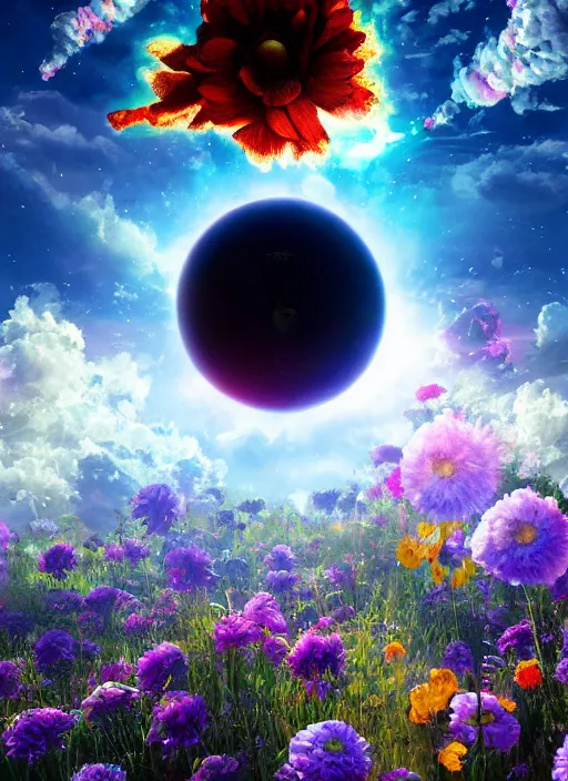 Image similar to An epic fantastic realism comic book style painting of the most beautiful flowers launched into space, bouquets, solar eclipse, fisheye, unreal 5, DAZ, hyperrealistic, octane render, dynamic lighting