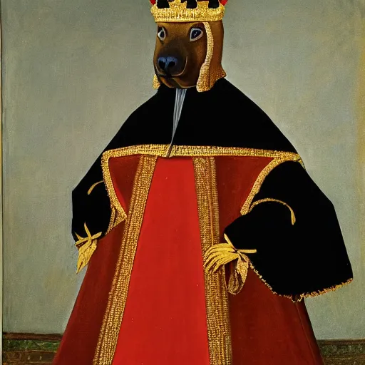 Image similar to an oil painting portrait of a capybara wearing medieval royal robes and an ornate crown on a dark background