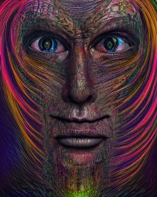 Image similar to realistic portrait of a creature experiment gone wrong, psychedelic, dark art, facing camera, photo realistic, detailed, 1 4 5 0, delicate, hyper realism, ultra realistic, 8 k