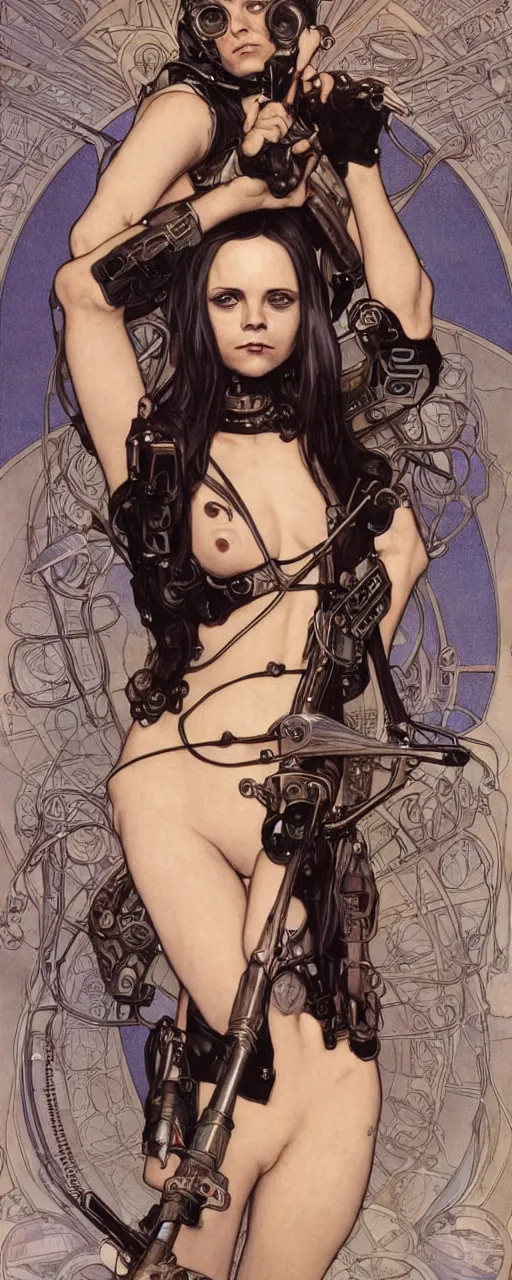 Prompt: striking sensual industrial art nouveau style portrait of christina ricci as a cyberpunk heavy metal rebel soldier by travis charest, simon bisley and alphonse mucha, photorealism, extremely hyperdetailed, perfect symmetrical facial features, perfect anatomy, ornate declotage, weapon, latex, excited expression, wild eyes