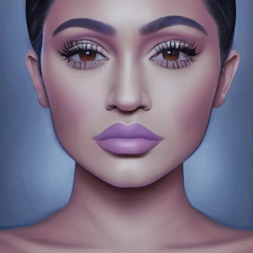 Image similar to a symmetrical portrait of a kylie jenner, oil painting, pale colors, high detail, 8 k, wide angle, trending on artstation,