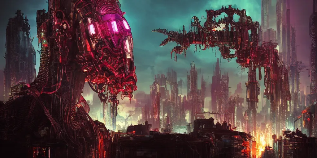 Prompt: a cyberpunk chtulhu creature closeup, fallout 5, studio lighting, deep colors, apocalyptic setting, vertically mirrored city in background