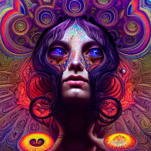 Prompt: An extremely psychedelic experience, reality bending, colorful, surreal, magic mushrooms, psilocybin, LSD, face, detailed, intricate, elegant, highly detailed, digital painting, artstation, concept art, smooth, sharp focus, illustration, art by Krenz Cushart and Artem Demura and alphonse mucha