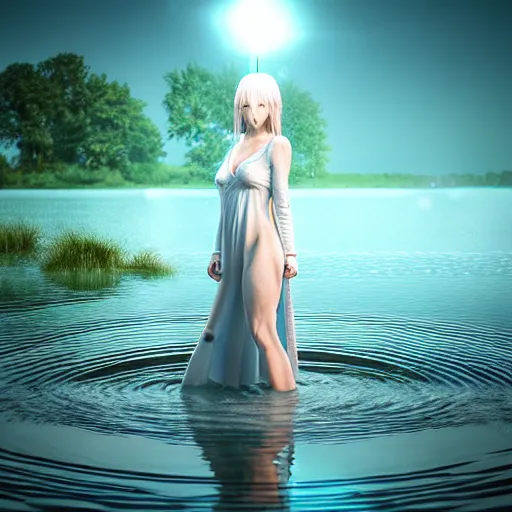 Prompt: hyper - realistic details, advanced digital art, style of final + fantasy + 1 5, water goddess wearing a nightgown with very long sleeve made of water standing in a lake at night, reflection, 9 0 mm lens, lens flare, water particle in front, depth of field, close up shot, rim lights, made by wlop