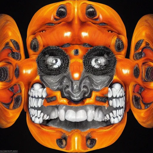 Image similar to album cover, teeth, abstract, black, white, orange, psychedelic, giuseppe arcimboldo