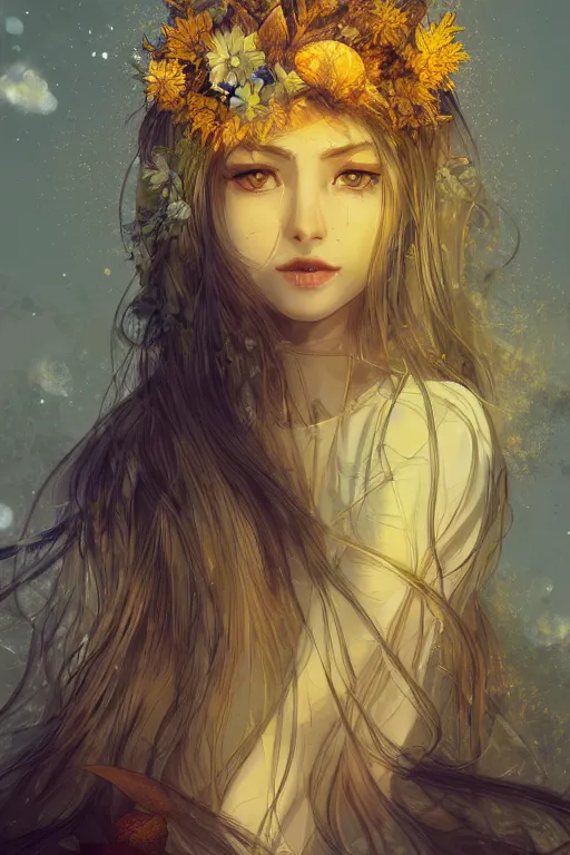 Image similar to The goddess of autumn harvest, tranquility, beautiful face, long hair, wearing wheat yellow gauze, comic style, virtual engine, 3D, sense of atmosphere, goddess, by wlop