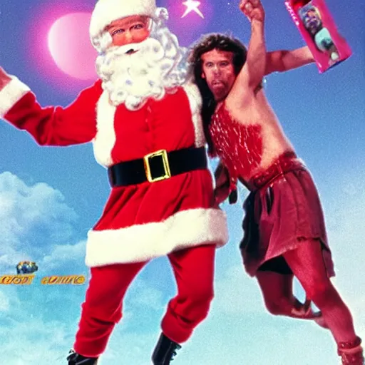 Image similar to Santa and Jesus 80s movie action battle, pink crying ice cream in the background