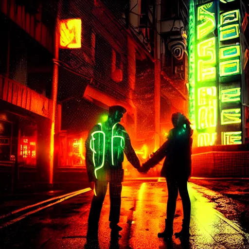 Prompt: couple, cyberpunk, neon light, digital art, dramatic, mystical, mysterious, fantasy art, high resolution image, romantic, rain,