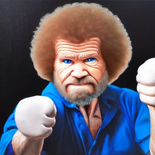 Prompt: angry bob ross frowning and punching trough a painting, real photo, dslr photo, 4 k, intricate.