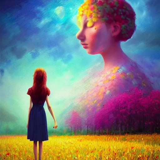 Image similar to girl with singular flower as a face, surreal photography, dream, dress flowing into flower field, hills, big trees, sunrise dramatic light, impressionist painting, colorful clouds, digital painting, pointillism, artstation, simon stalenhag