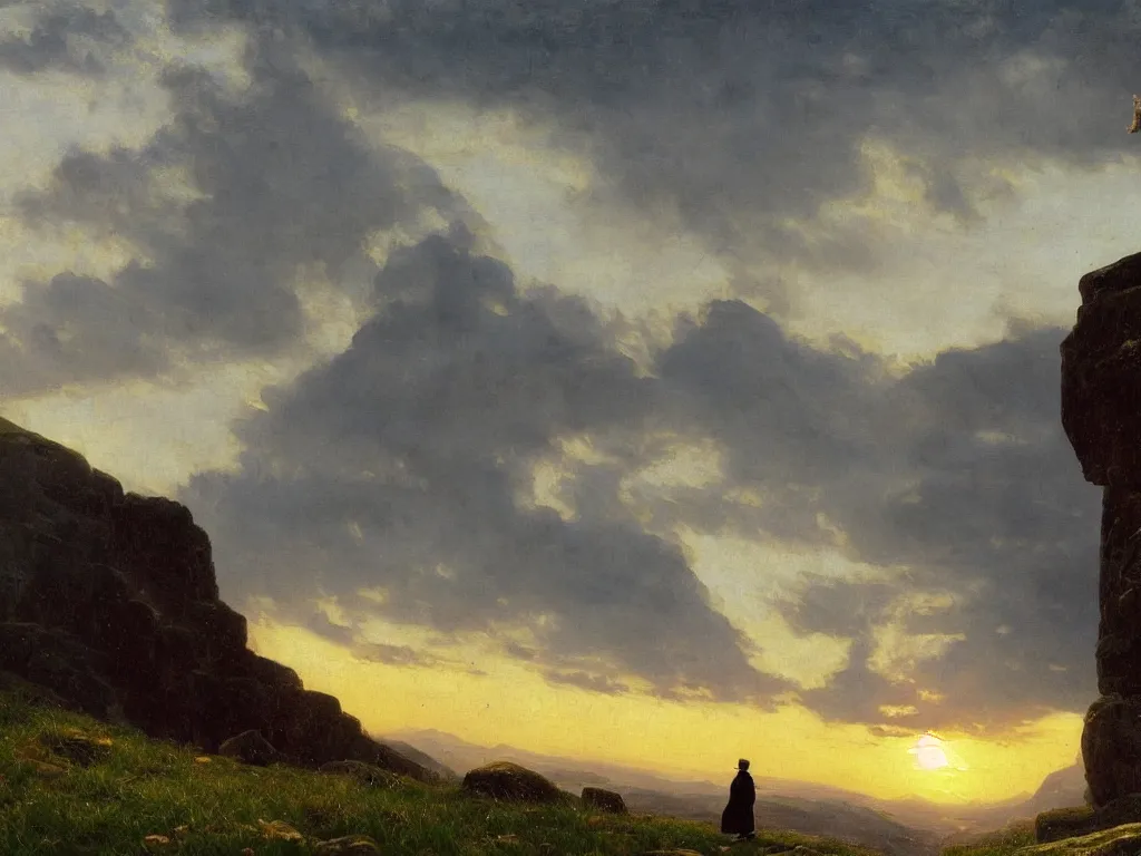 Image similar to romantic painting, wide shot of a lone gentleman in 1 9 th century clothing ( watching an enormous television screen playing a football game )!!!!!! in front of a mountain scene at sunrise, highly detailed, sublime, hyperrealistic, painted by caspar david friedrich and albert bierstadt, trending on artstation 8 k