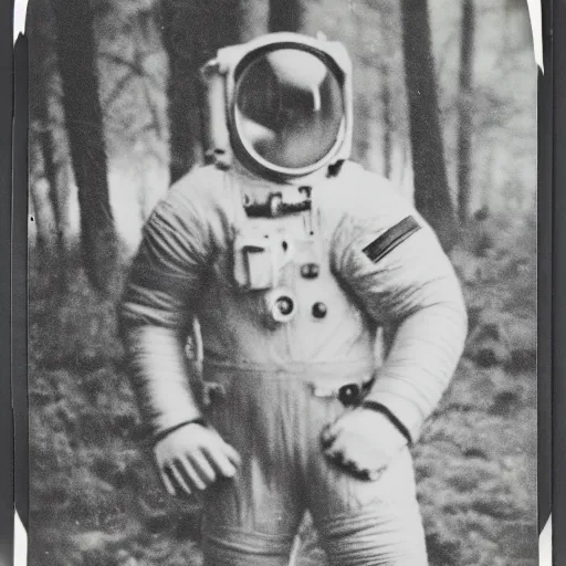 Prompt: nsfw, old polaroid from 1 9 5 6 depicting a russian astronaut besides an mechanical alien probe, at a clearing