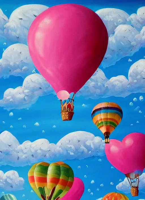 Image similar to detailed painting that is beautiful and whimsical with cotton candy clouds and balloon hearts and flowers inside