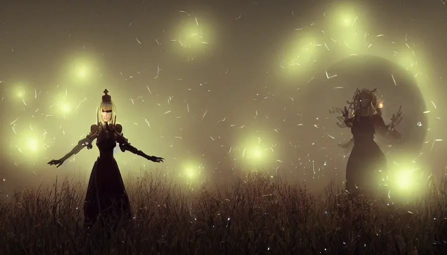 Image similar to lady death surrounded by fireflies walking away with me, cinematic lighting, wow, establishing shot