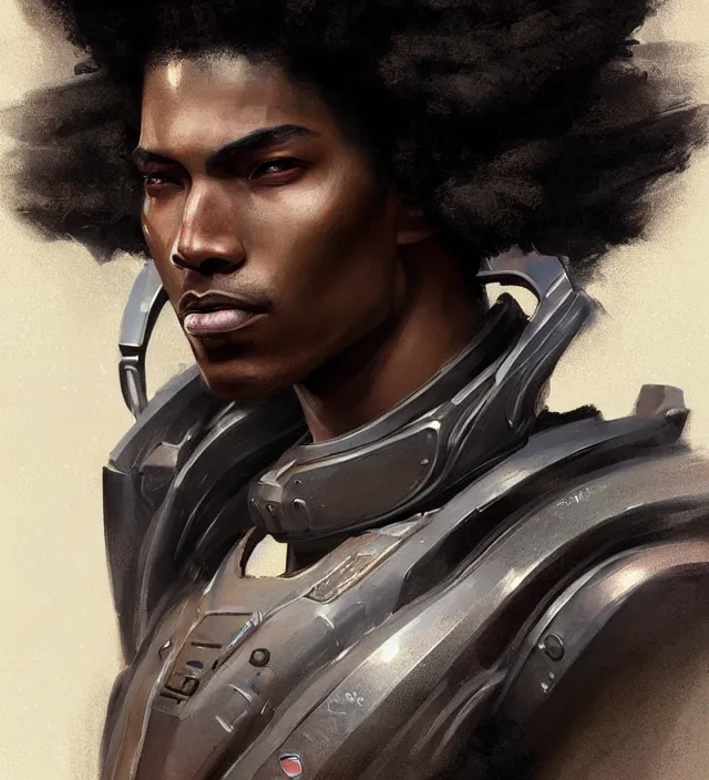 Image similar to portrait of a man by greg rutkowski, he is about 2 5 years old, mixture between afroamerican and japanese, afro hair, geisha tatoos, very tall and slender, he is wearing a futuristic police gear, highly detailed portrait, digital painting, artstation, concept art, smooth, sharp foccus illustration, artstation hq