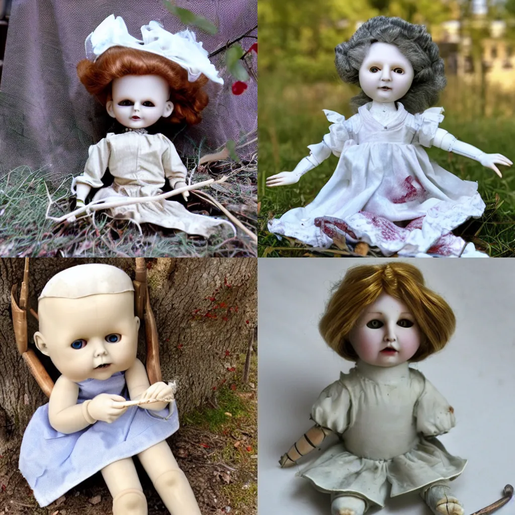 Prompt: blursed doll, porcelain, photography, mattell, antique, 90s, haunted, sitting under a tree, gingerbread, Victorian, ball jointed, scythe, realistic, broken