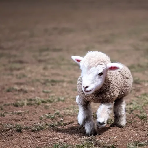 Image similar to a baby lamb possessed by a demon, the lamb is running through an open field,