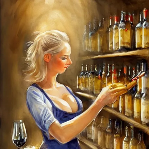 Prompt: hot blonde working in a wine cellar, food, pork, beer, schnapps, rustic, traditional, torches on the wall, watercolor by vladimir volegov