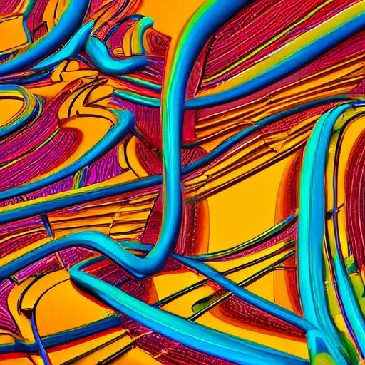 Image similar to shiny abstract digital art of a glossy cubist painting of a looping railroad interconnected with different layers of reality, network of joy, happiness, high - energy, fluid simulation, bright, intricate details, 4 k