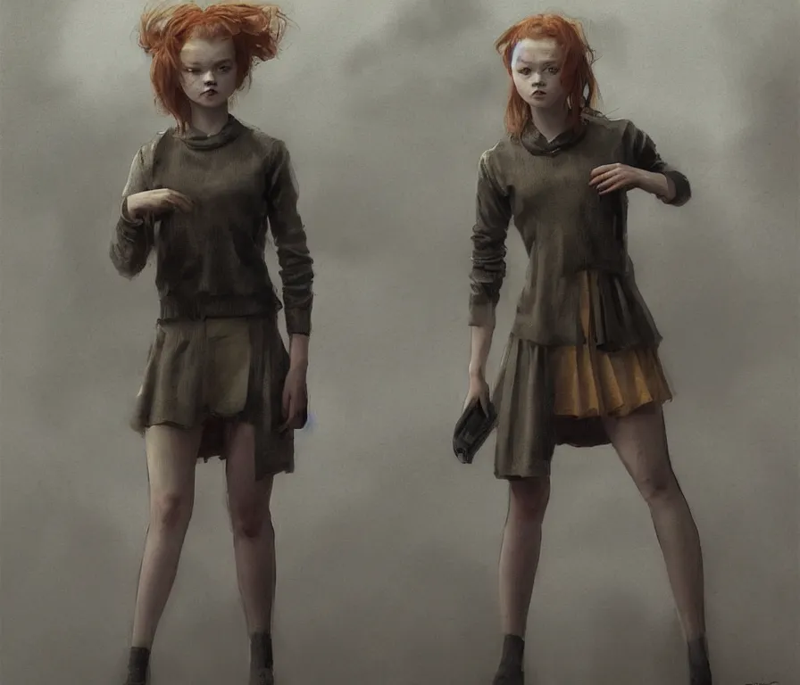 Prompt: sadie sink in her dad's cardigan and girly miniskirt : costume concept for a scifi cyberpunk film. by greg rutkowski, john j. park, jason chan, noah bradley, feng zhu, gintas galvanauskas, gustave courbet, rosa bonheur, edward hopper. sharp focus, cinematic atmosphere, detailed and intricate, perfect anatomy