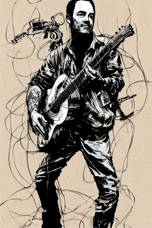 Prompt: full body portrait of dave matthews with an acoustic guitar, concept art, sumi - e style, intricate linework, artstation, trending, highly detailed, smooth, focus, art by yoji shinkawa and glenn fabry,