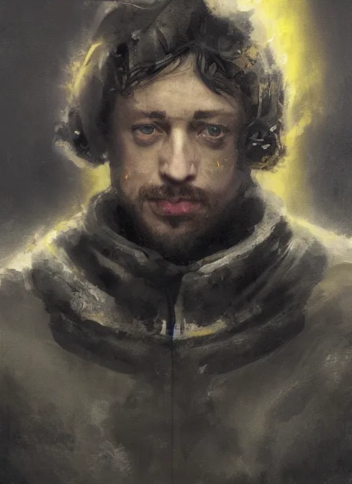 Prompt: Medium closeup Sam Hyde, idealistic and pious male Imperial soldier wearing a black tabard with light yellow accents over a gambeson and a steel open helm, by Raymond Swanland Greg Rutkowski Lise Deharm, {perfect face}, {perfect eyes}