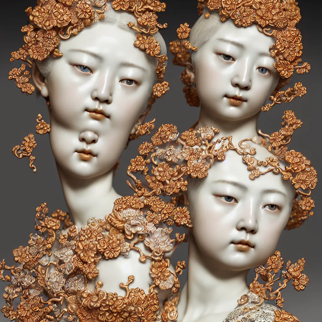Prompt: A Close up photo-real delicate ceramic porcelain sculpture of an ornate detailed blond girl in front of a intricate background by Victo Ngai and takato yamamoto, micro detail, backlit lighting, face in focus, subsurface scattering, translucent, thin porcelain, octane renderer, colorful, physically based rendering, japanese pottery, trending on cgsociety