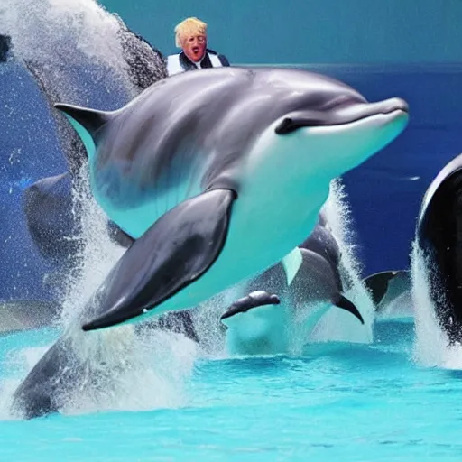 Prompt: Boris Johnson getting attacked by a pod of dolphins at sea world