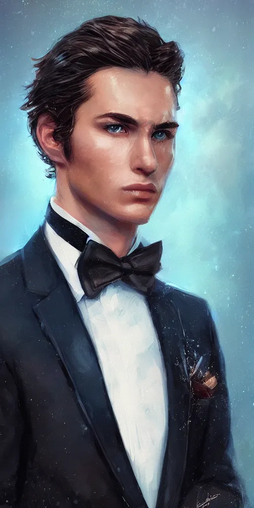 Prompt: handsome young man face, brown wavy hair, piercing blue eyes, wearing a tuxedo, portrait, by artgerm, by greg rutkowski, by noah bradley, digital avedon