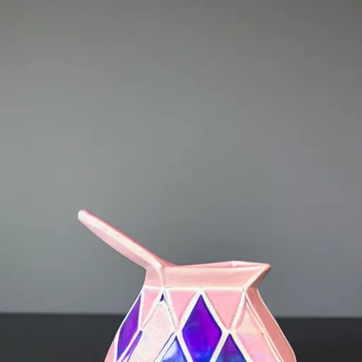 Prompt: geodesic triangle ceramic pitcher with pink and purple iridescent glaze