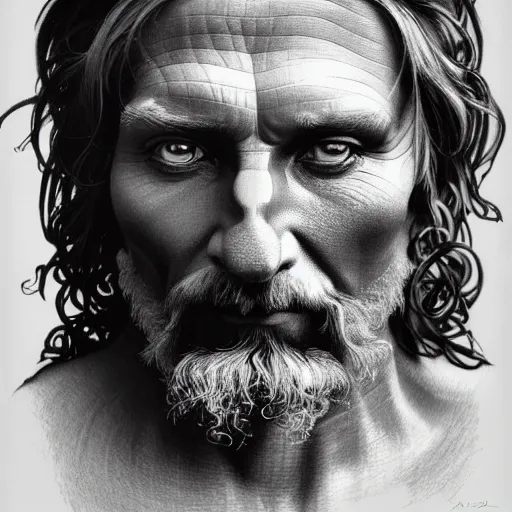 Prompt: painted closeup portrait of tree man, masculine, fierce, charming, majestic, fantasy, intricate, elegant, extremely detailed digital painting, concept art, sharp focus illustration art by alphonse mucha by chuck close, charcoal on canvas