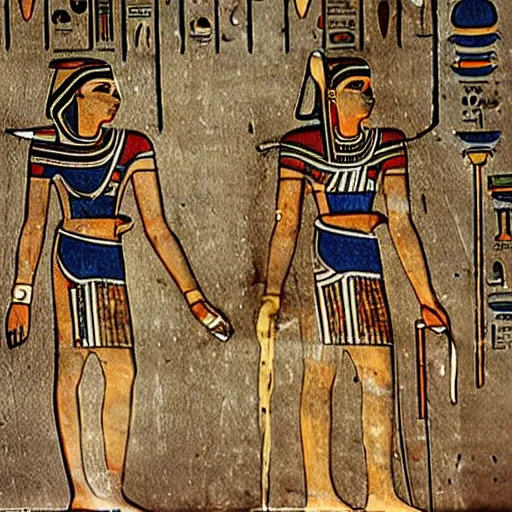 Image similar to ancient egyptian art featuring robots!