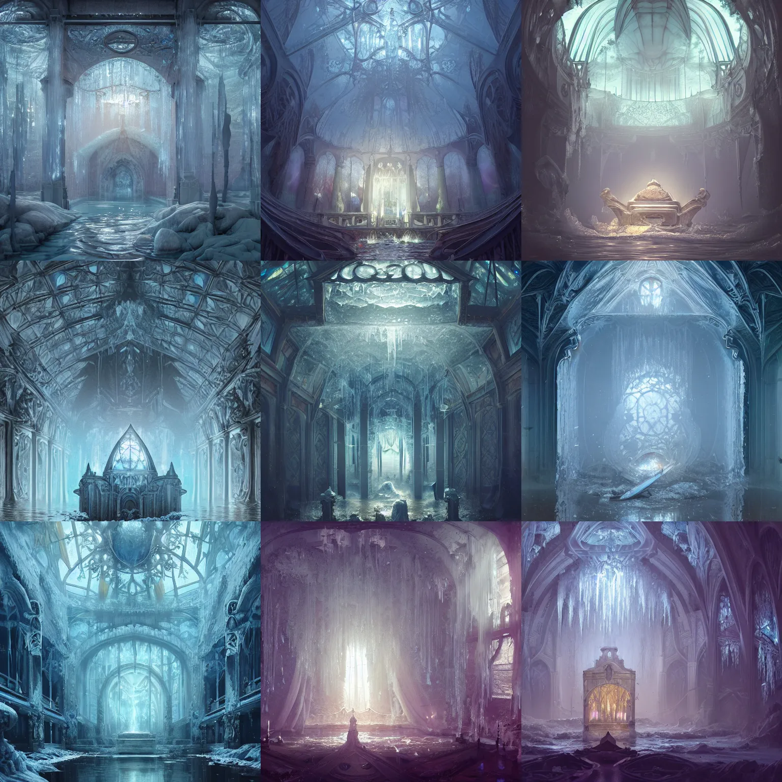 Prompt: beautiful flooded victorian tomb covered in ice, water canals, glass ceilings, tapestries hanging from ceiling, light dust, by peter mohrbacher dan mumford craig mullins nekro, cgsociety, pixiv, volumetric light, 3 d render