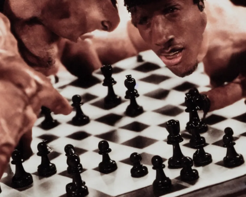 Prompt: an 8 0 s action film still of a humanoid black chess pawn killing a white chess king. action scene. vhs.
